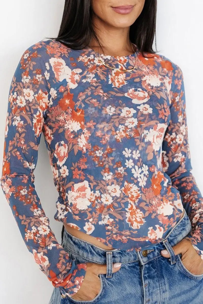 Orchid Petal Floral Print Mesh Fitted Long Sleeve Top - Love Salve
